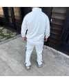 Erkek Çift Şeritli Eşofman Takım Dik Yaka Fermuarlı Sweatshirt Boru Paça Alt, Oversize 3 iplik Pamuklu - Beyaz