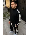 Erkek Çift Şeritli Eşofman Takım Dik Yaka Fermuarlı Sweatshirt Boru Paça Alt, Oversize 3 iplik Pamuklu - Siyah