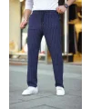 Erkek Cizgili Dokuma Krep Jogger Buggy Pantalon Rahat kalıp - Lacivert