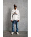 Lushiowear Erkek 3 İplik Pamuklu Kapüşonlu Baskılı Cepli Oversize Sweatshirt Hoodie - Beyaz