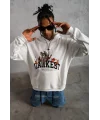 Lushiowear Erkek 3 İplik Pamuklu Kapüşonlu Baskılı Cepli Oversize Sweatshirt Hoodie - Beyaz