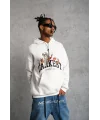 Lushiowear Erkek 3 İplik Pamuklu Kapüşonlu Baskılı Cepli Oversize Sweatshirt Hoodie - Beyaz