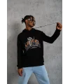 Lushiowear Erkek 3 İplik Pamuklu Kapüşonlu Baskılı Cepli Oversize Sweatshirt Hoodie - Siyah