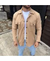 Erkek Diagonal Kumaş Cepli Çıtçıtlı uzun Kollu, Gömlek Oversize Rahat Kalıp Günlük Şık Stil - Bej