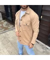 Erkek Diagonal Kumaş Cepli Çıtçıtlı uzun Kollu, Gömlek Oversize Rahat Kalıp Günlük Şık Stil - Bej