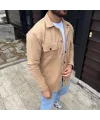 Erkek Diagonal Kumaş Cepli Çıtçıtlı uzun Kollu, Gömlek Oversize Rahat Kalıp Günlük Şık Stil - Bej