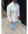 Erkek Diagonal Kumaş Cepli Çıtçıtlı uzun Kollu, Gömlek Oversize Rahat Kalıp Günlük Şık Stil - Beyaz