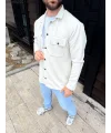 Erkek Diagonal Kumaş Cepli Çıtçıtlı uzun Kollu, Gömlek Oversize Rahat Kalıp Günlük Şık Stil - Beyaz