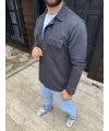 Erkek Diagonal Kumaş Cepli Çıtçıtlı uzun Kollu, Gömlek Oversize Rahat Kalıp Günlük Şık Stil - Füme