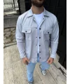 Erkek Diagonal Kumaş Cepli Çıtçıtlı uzun Kollu, Gömlek Oversize Rahat Kalıp Günlük Şık Stil - Gri