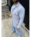 Erkek Diagonal Kumaş Cepli Çıtçıtlı uzun Kollu, Gömlek Oversize Rahat Kalıp Günlük Şık Stil - Gri