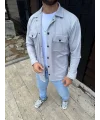 Erkek Diagonal Kumaş Cepli Çıtçıtlı uzun Kollu, Gömlek Oversize Rahat Kalıp Günlük Şık Stil - Gri