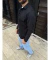 Erkek Diagonal Kumaş Cepli Çıtçıtlı uzun Kollu, Gömlek Oversize Rahat Kalıp Günlük Şık Stil - Siyah