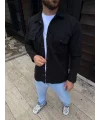 Erkek Diagonal Kumaş Cepli Çıtçıtlı uzun Kollu, Gömlek Oversize Rahat Kalıp Günlük Şık Stil - Siyah
