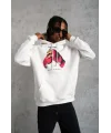 Lushiowear Erkek Kapüşonlu Cepli Boks Eldiven Baskılı 3 İplik Sweatshirt Hoodie - Beyaz