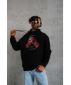Lushiowear Erkek Kapüşonlu Cepli Box Eldiven Baskılı 3 İplik Sweatshirt Hoodie - Siyah