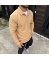 Erkek Fitilli Polar Sweatshirt – Düğmesiz Polo Yaka, Oversize Rahat Kalıp, Kalın Polar Kumaş, Kışlık ve Baharlık Şık Günlük Üst - Bej
