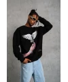 Lushiowear Erkek Güvercin Baskılı 3 iplik Bisiklet Yaka ipamuklu Sweatshirt - Siyah