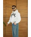 Erkek Kapüşonlu 3 İplik Şardonlu Önü Baskılı Fermuarlı Oversize Sweatshirt - Beyaz