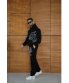 Erkek Kapüşonlu Eşofman Takım Graffiti Baskılı Oversize Rahat Kalıp, Kanguru Cepli, Streetwear Tarzında Premium Ürün 3 iplik Pamuklu - Siyah