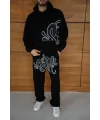 Erkek Kapüşonlu Eşofman Takım Graffiti Baskılı Oversize Rahat Kalıp, Kanguru Cepli, Streetwear Tarzında Premium Ürün 3 iplik Pamuklu - Siyah