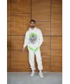 Erkek Kapüşonlu Eşofman Takım Örümcek Ağı ve Neon Yeşil Baskılı Kanguru cepli Oversize Rahat Kalıp, Premium Üç İplik Kumaş - Beyaz