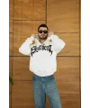 Erkek Kapüşonlu 3 İplik Şardonlu Önü Baskılı Fermuarlı Oversize Sweatshirt - Beyaz