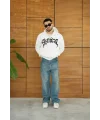 Erkek Kapüşonlu 3 İplik Şardonlu Önü Baskılı Fermuarlı Oversize Sweatshirt - Beyaz