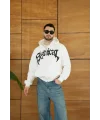 Erkek Kapüşonlu 3 İplik Şardonlu Önü Baskılı Fermuarlı Oversize Sweatshirt - Beyaz