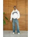 Erkek Kapüşonlu 3 İplik Şardonlu Önü Baskılı Fermuarlı Oversize Sweatshirt - Beyaz