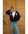 Erkek Kapüşonlu 3 İplik Şardonlu Önü Baskılı Fermuarlı Oversize Sweatshirt - Siyah