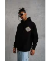 Lushiowear Erkek 3 İplik Pamuklu Kapüşonlu Baskılı Cepli Oversize Sweatshirt Hoodie - Siyah