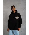 Lushiowear Erkek 3 İplik Pamuklu Kapüşonlu Baskılı Cepli Oversize Sweatshirt Hoodie - Siyah
