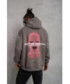 Lushiowear Erkek 3 İplik Pamuklu Kapüşonlu Baskılı Cepli Oversize Sweatshirt Hoodie - Gri