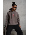 Lushiowear Erkek 3 İplik Pamuklu Kapüşonlu Baskılı Cepli Oversize Sweatshirt Hoodie - Gri