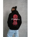 Lushiowear Erkek 3 İplik Pamuklu Kapüşonlu Baskılı Cepli Oversize Sweatshirt Hoodie - Siyah