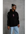 Lushiowear Erkek 3 İplik Pamuklu Kapüşonlu Baskılı Cepli Oversize Sweatshirt Hoodie - Siyah