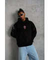 Lushiowear Erkek 3 İplik Pamuklu Kapüşonlu Baskılı Cepli Oversize Sweatshirt Hoodie - Siyah