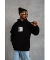 Lushiowear Erkek 3 İplik Pamuklu Kapüşonlu Baskılı Cepli Oversize Sweatshirt Hoodie - Siyah