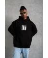 Lushiowear Erkek 3 İplik Pamuklu Kapüşonlu Baskılı Cepli Oversize Sweatshirt Hoodie - Siyah