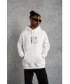 Lushiowear Erkek 3 İplik Pamuklu Kapüşonlu Baskılı Cepli Oversize Sweatshirt Hoodie - Beyaz