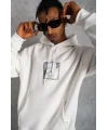 Lushiowear Erkek 3 İplik Pamuklu Kapüşonlu Baskılı Cepli Oversize Sweatshirt Hoodie - Beyaz