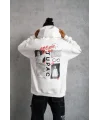 Lushiowear Erkek 3 İplik Pamuklu Kapüşonlu Baskılı Cepli Oversize Sweatshirt Hoodie - Beyaz