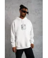 Lushiowear Erkek 3 İplik Pamuklu Kapüşonlu Baskılı Cepli Oversize Sweatshirt Hoodie - Beyaz
