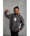 Lushiowear Erkek 3 İplik Pamuklu Kapüşonlu Baskılı Cepli Oversize Sweatshirt Hoodie - Gri
