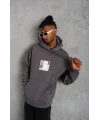 Lushiowear Erkek 3 İplik Pamuklu Kapüşonlu Baskılı Cepli Oversize Sweatshirt Hoodie - Gri