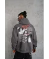Lushiowear Erkek 3 İplik Pamuklu Kapüşonlu Baskılı Cepli Oversize Sweatshirt Hoodie - Gri