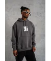 Lushiowear Erkek 3 İplik Pamuklu Kapüşonlu Baskılı Cepli Oversize Sweatshirt Hoodie - Gri