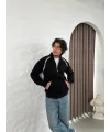Erkek Oversize Dik Yaka Fermuarlı Sweatshirt - Zincir Nakışli Kanguru Cepli - Siyah