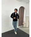 Erkek Oversize Dik Yaka Fermuarlı Sweatshirt - Zincir Nakışli Kanguru Cepli - Siyah
